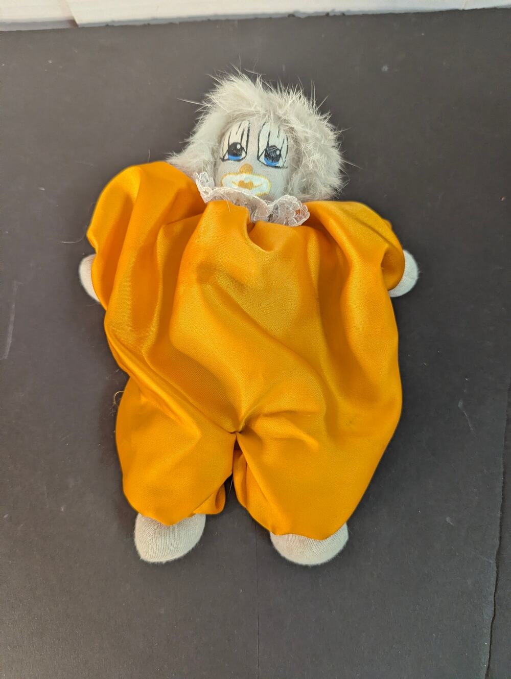 Vintage Porcelain Clown Doll Yellow Satin Jumpsuit White Faux Fur Hair